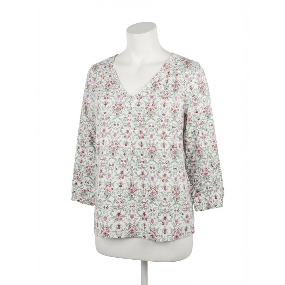 St Johns Bay Womens Floral V-Neck Blouse Pink Green 3/4 Sleeve Rayon Top Size M